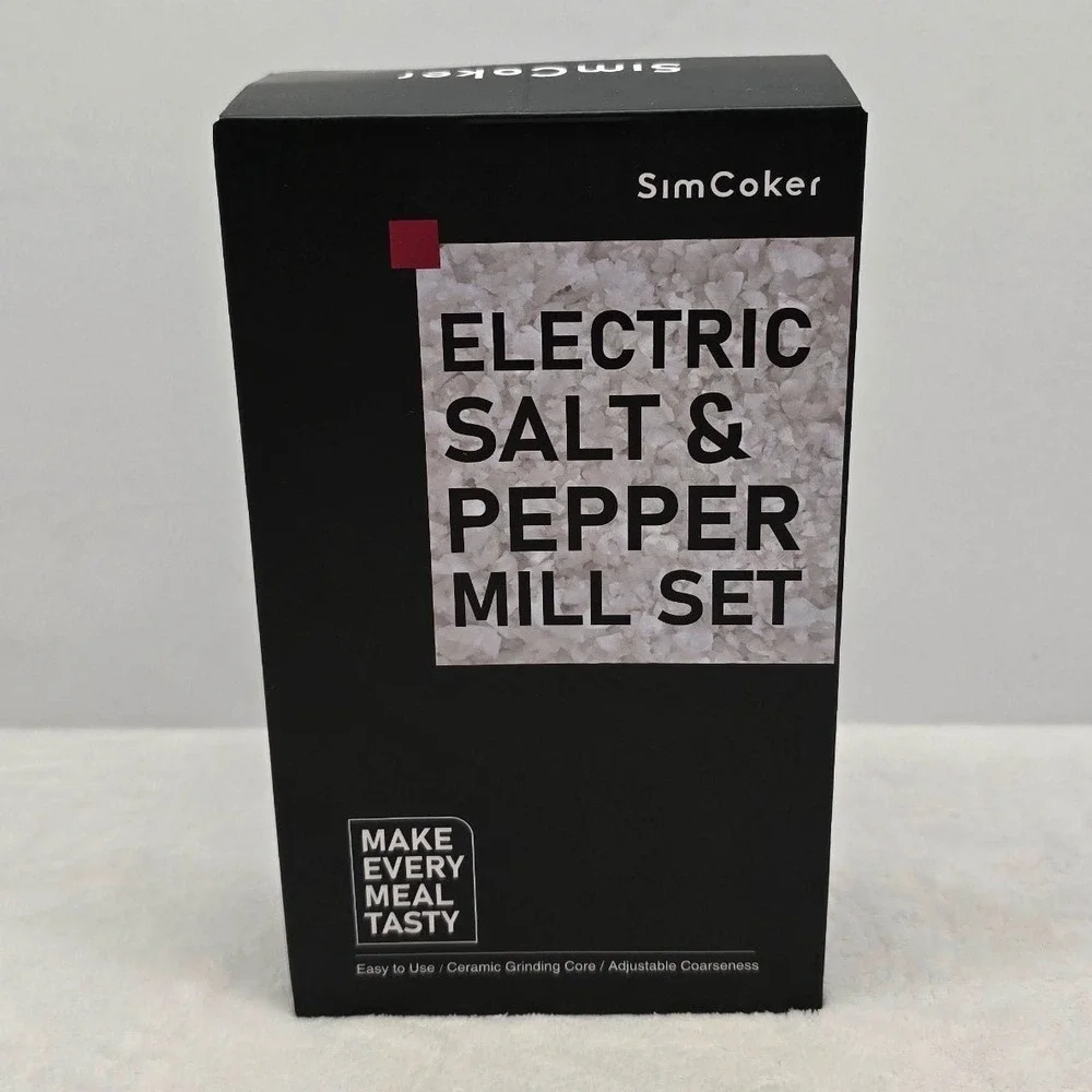 SimCoker Electric Salt and Pepper Mill Set Adjustable Coarseness Silver NEW